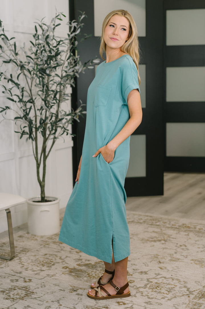Fix You Right Up Short Sleeve Midi Dress in Dusty Teal   Womens Joy & Country