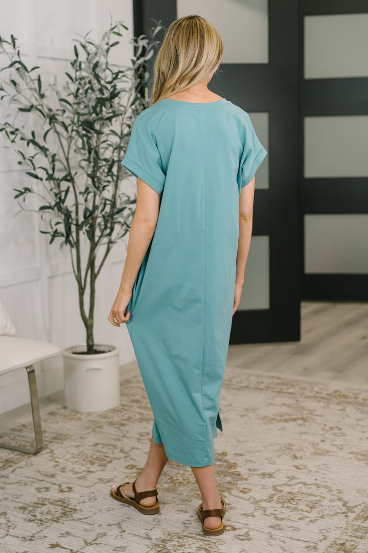 Fix You Right Up Short Sleeve Midi Dress in Dusty Teal   Womens Joy & Country