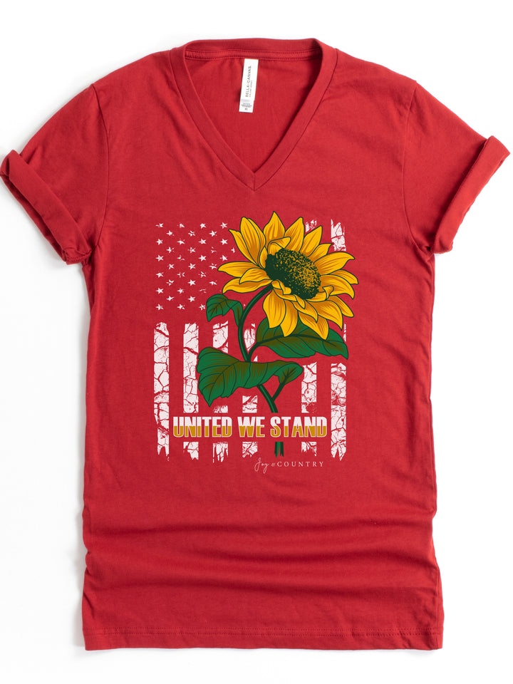 United We Stand American Flag Sunflower - Unisex V-Neck Tee