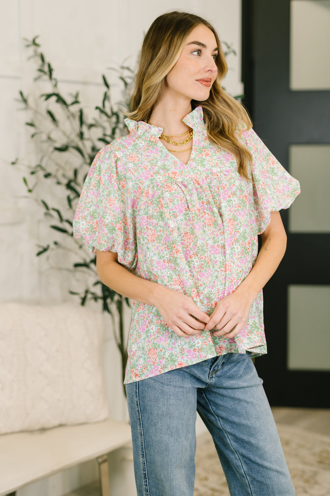 Flower Picking Notch Neck Blouse   Womens Joy & Country