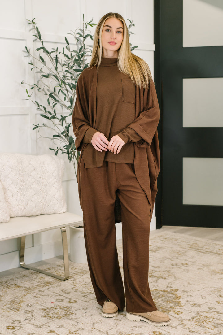 Mocha Luxe Open Cardigan Set - Dark Mocha (Top, Cardigan, Bottoms)