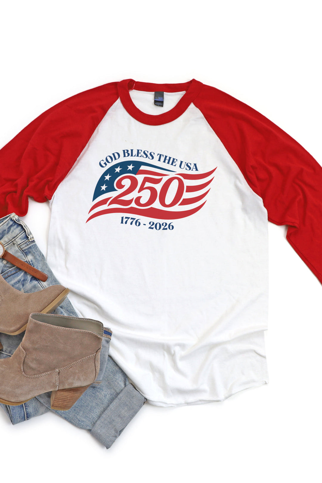 God Bless the USA 250th Anniversary Flag 1776-2026 - Unisex Three-Quarter Sleeve Raglan Shirt   Long-sleeve Joy & Country