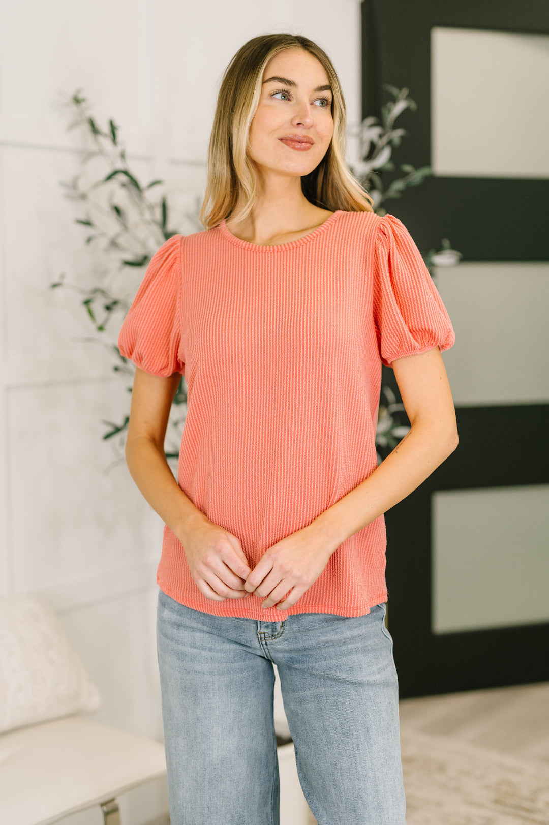 Grace & Virtue Balloon Sleeve Blouse in Coral   Womens Joy & Country