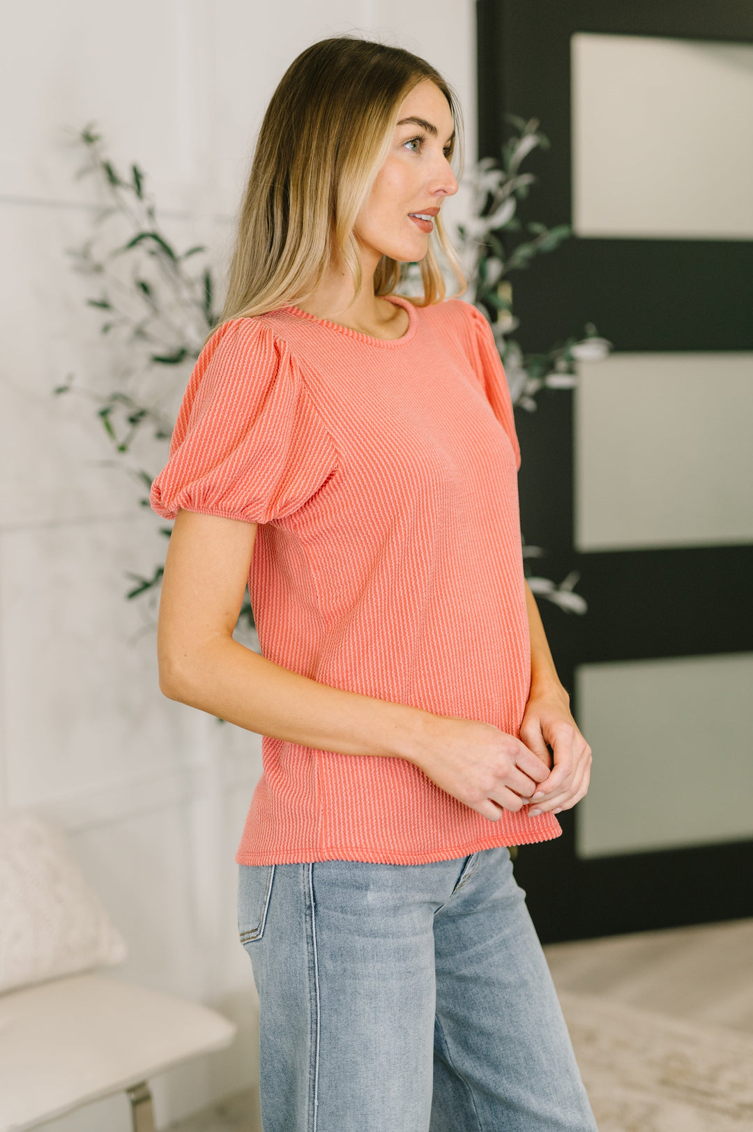 Grace & Virtue Balloon Sleeve Blouse in Coral   Womens Joy & Country