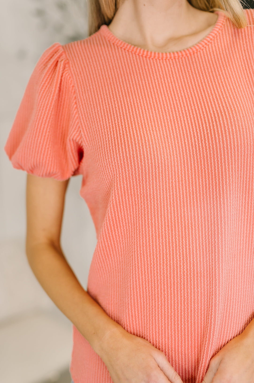 Grace & Virtue Balloon Sleeve Blouse in Coral   Womens Joy & Country