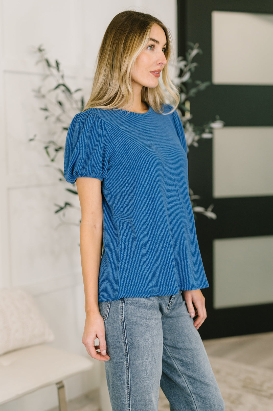Grace & Virtue Balloon Sleeve Blouse in Ocean Blue   Womens Joy & Country
