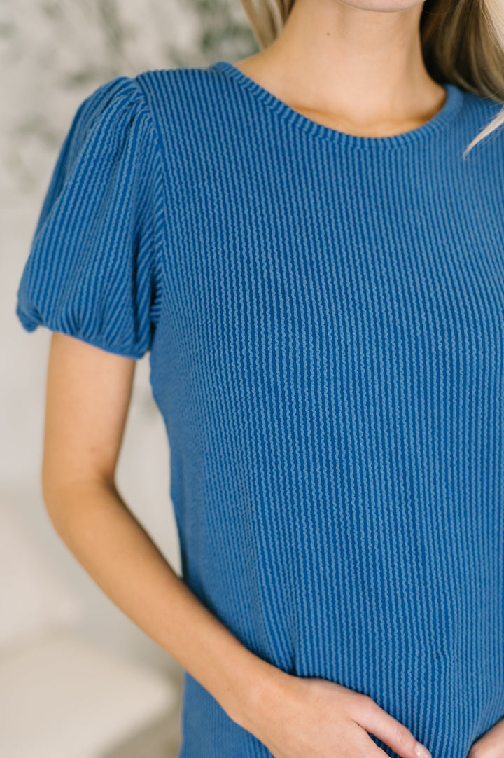 Grace & Virtue Balloon Sleeve Blouse in Ocean Blue   Womens Joy & Country