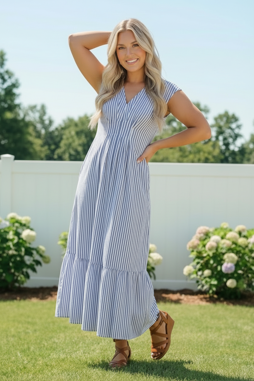 Sunny Days Striped Midi Dress in Blue    Joy & Country