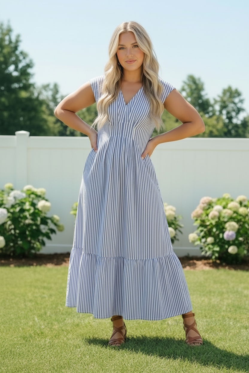 Sunny Days Striped Midi Dress in Blue    Joy & Country