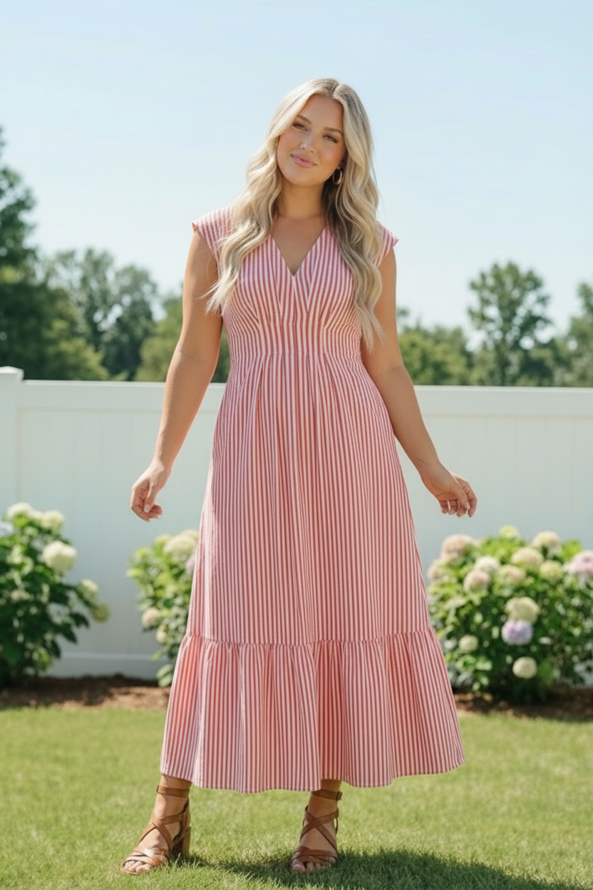 Sweet Stripe Tiered Maxi Dress in Red    Joy & Country