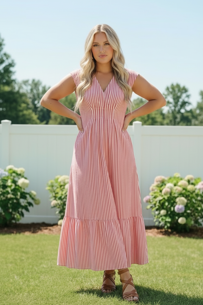 Sunlit Stripes Midi Dress in Red