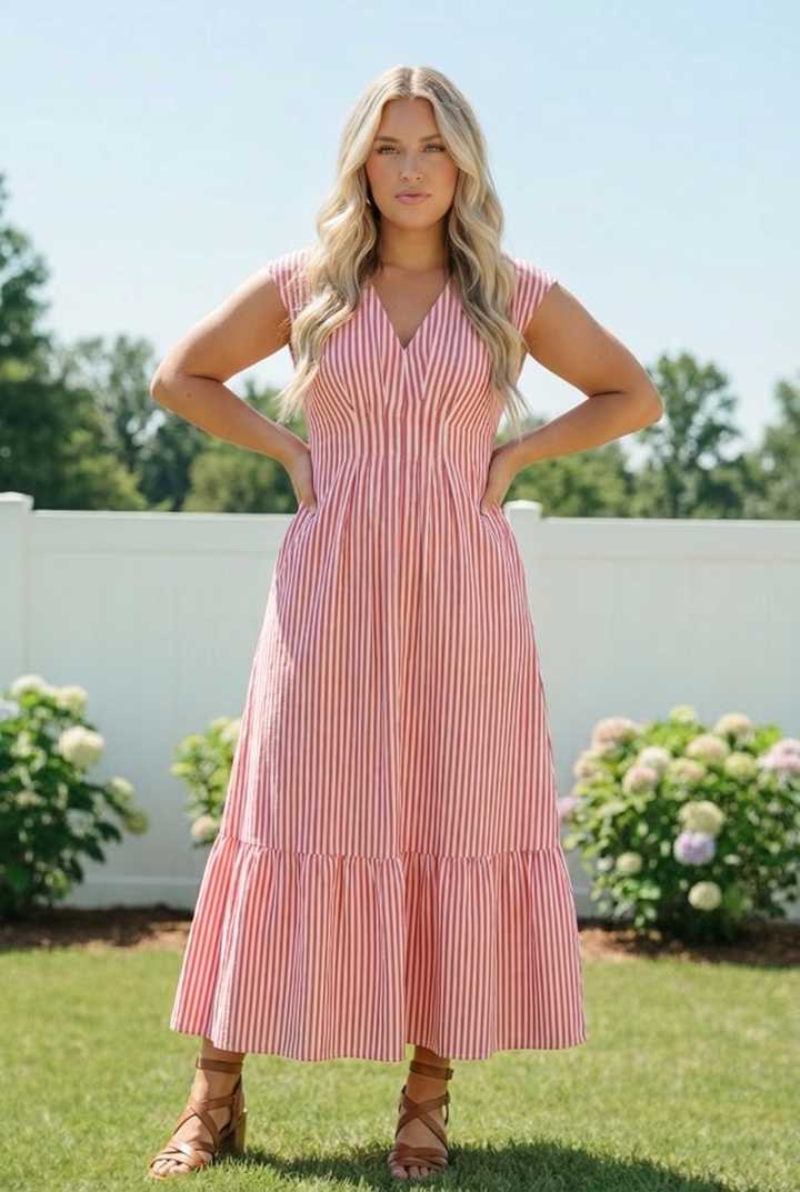 Sunlit Stripes Midi Dress in Red