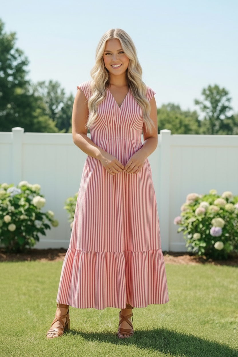 Sweet Stripe Tiered Maxi Dress in Red    Joy & Country