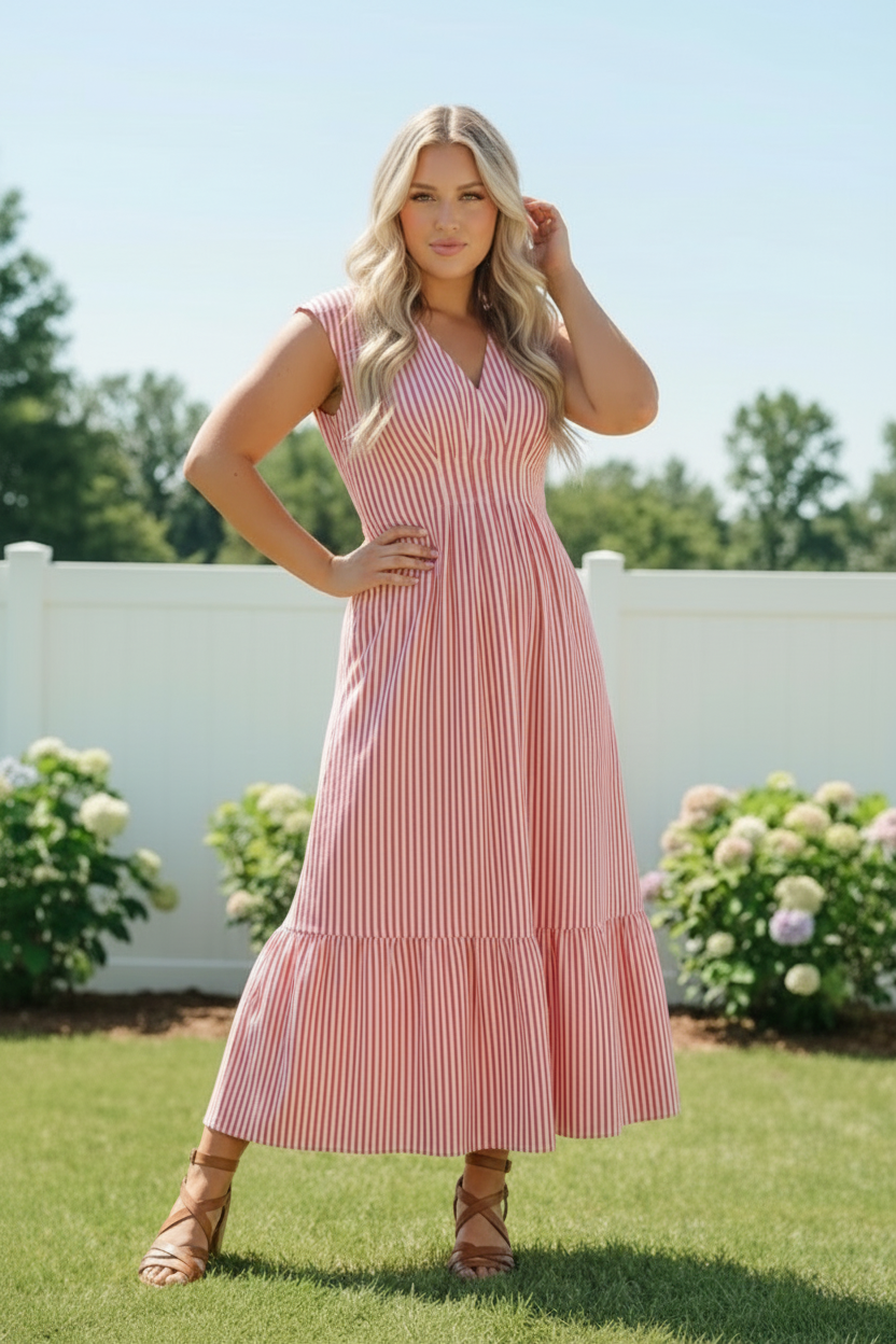 Sweet Stripe Tiered Maxi Dress in Red    Joy & Country