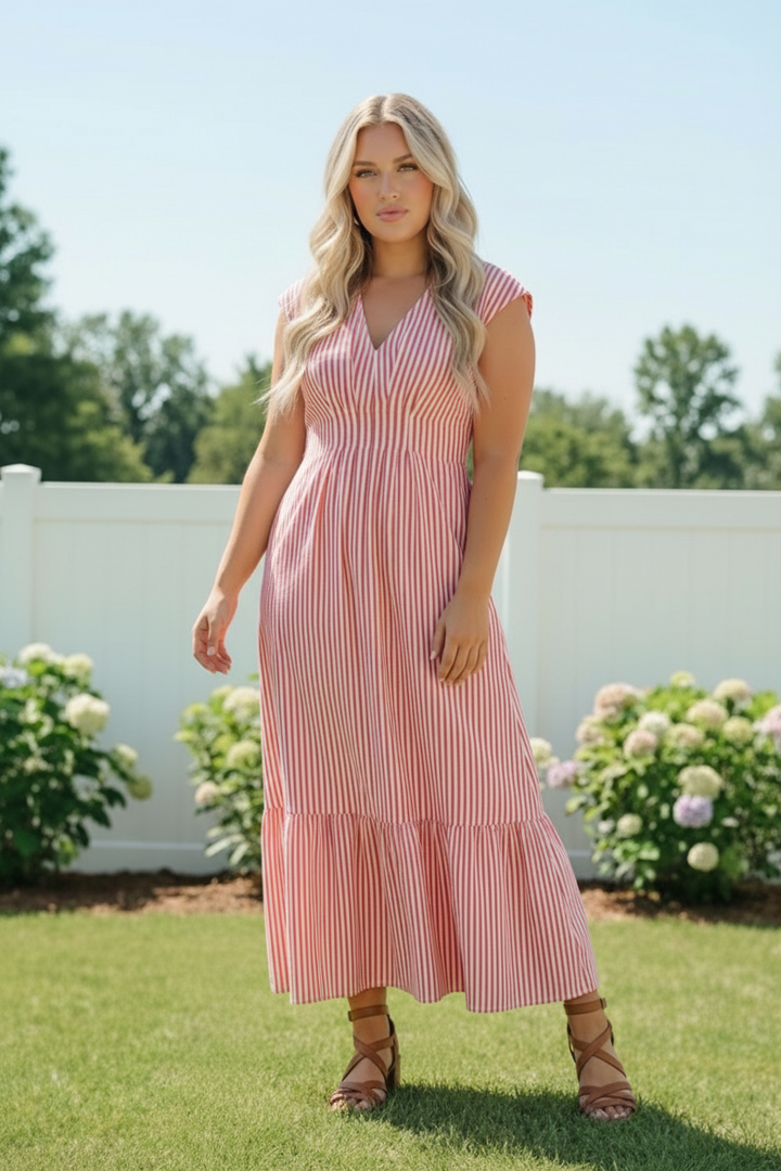 Sweet Stripe Tiered Maxi Dress in Red    Joy & Country