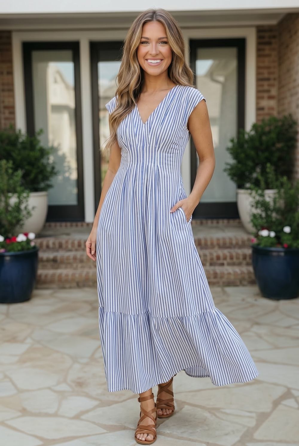 Sunny Days Striped Midi Dress in Blue    Joy & Country