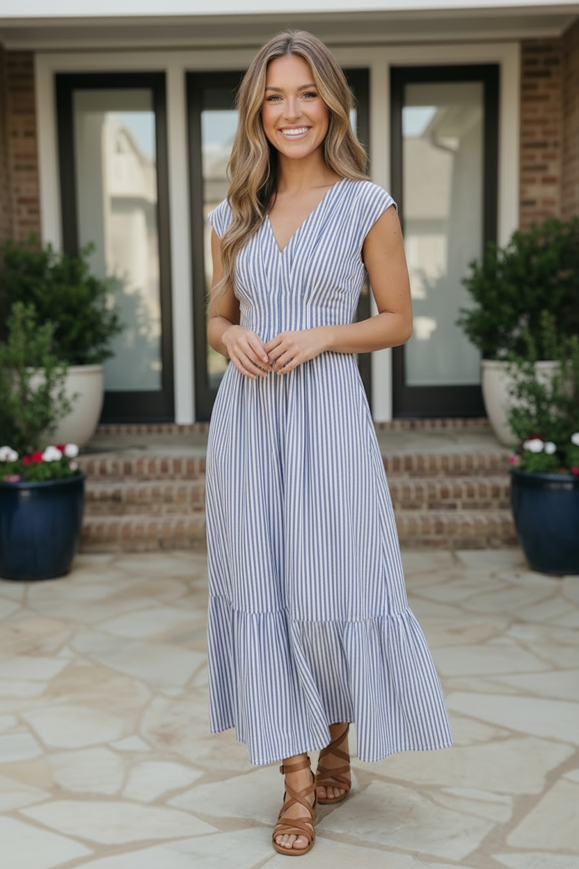 Sunlit Stripes Midi Dress in Blue