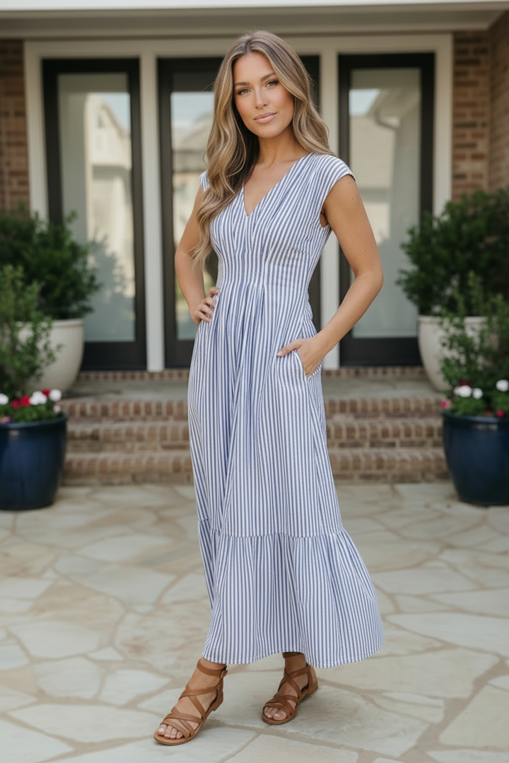 Sunny Days Striped Midi Dress in Blue    Joy & Country