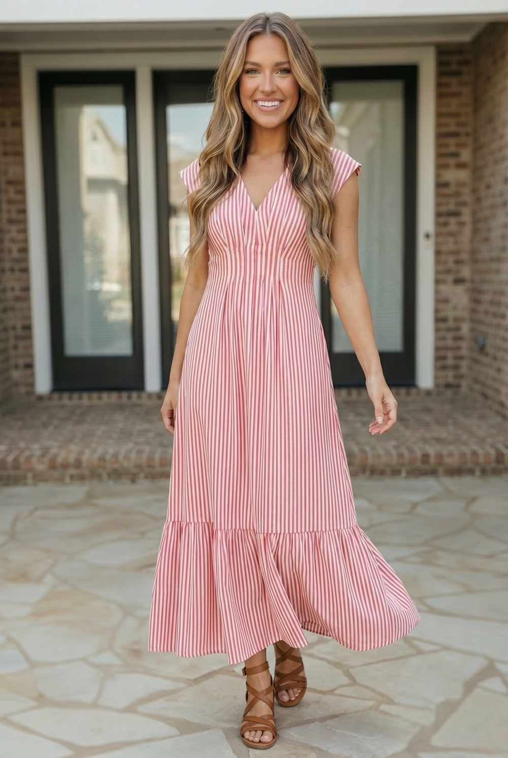 Sweet Stripe Tiered Maxi Dress in Red    Joy & Country