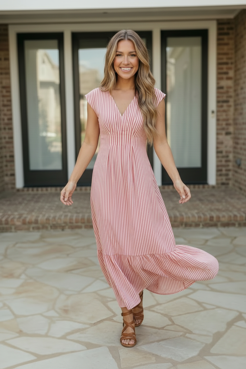 Sweet Stripe Tiered Maxi Dress in Red    Joy & Country
