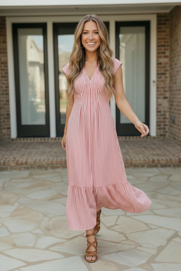 Sweet Stripe Tiered Maxi Dress in Red    Joy & Country