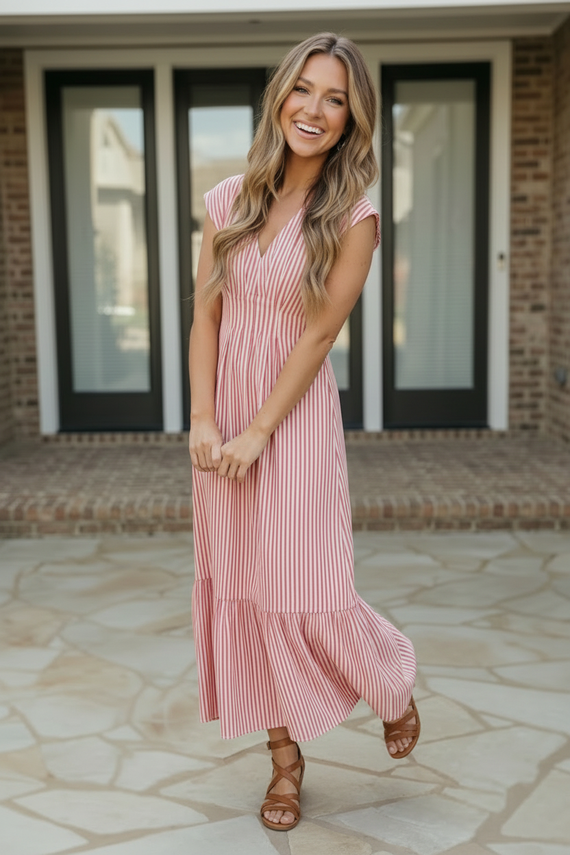 Sweet Stripe Tiered Maxi Dress in Red    Joy & Country