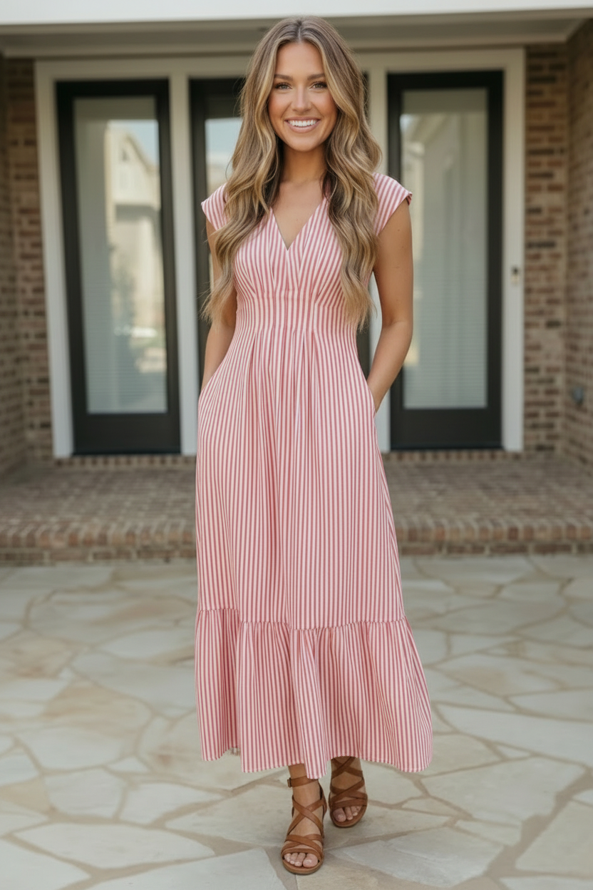 Sweet Stripe Tiered Maxi Dress in Red    Joy & Country
