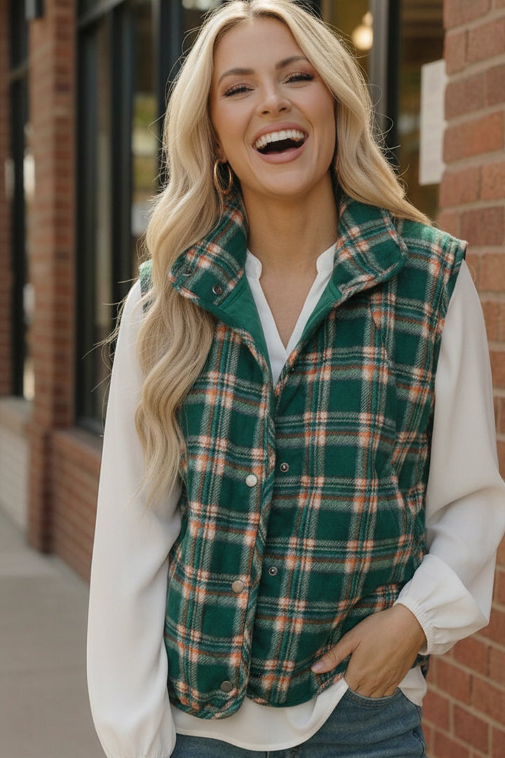 Put Together Evergreen Plaid Quilted Puffer Vest    Joy & Country