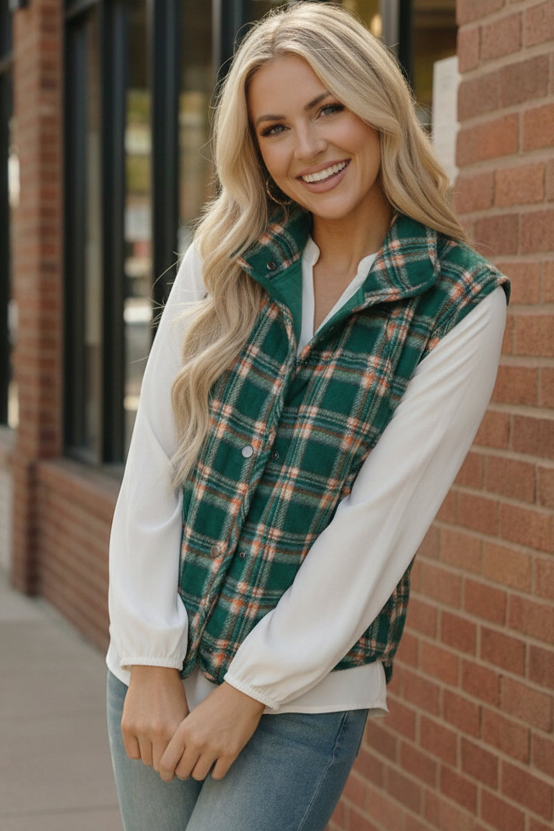 Put Together Evergreen Plaid Quilted Puffer Vest    Joy & Country