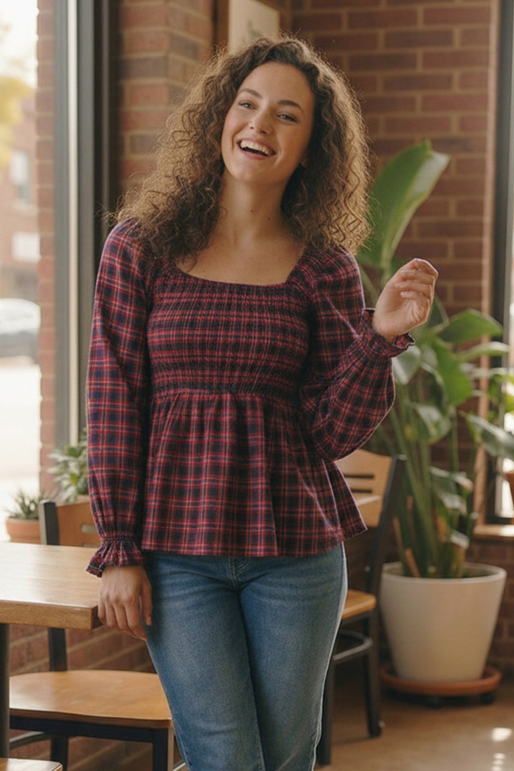 Sweetheart Smocked Cranberry Plaid Top    Joy & Country