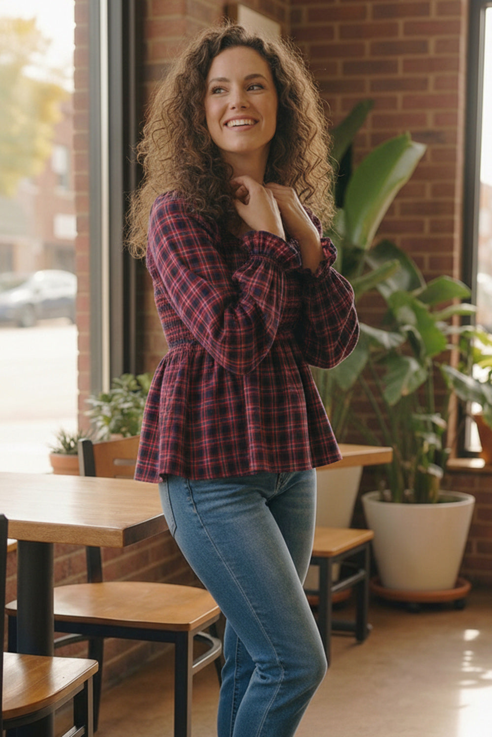 Sweetheart Smocked Cranberry Plaid Top    Joy & Country