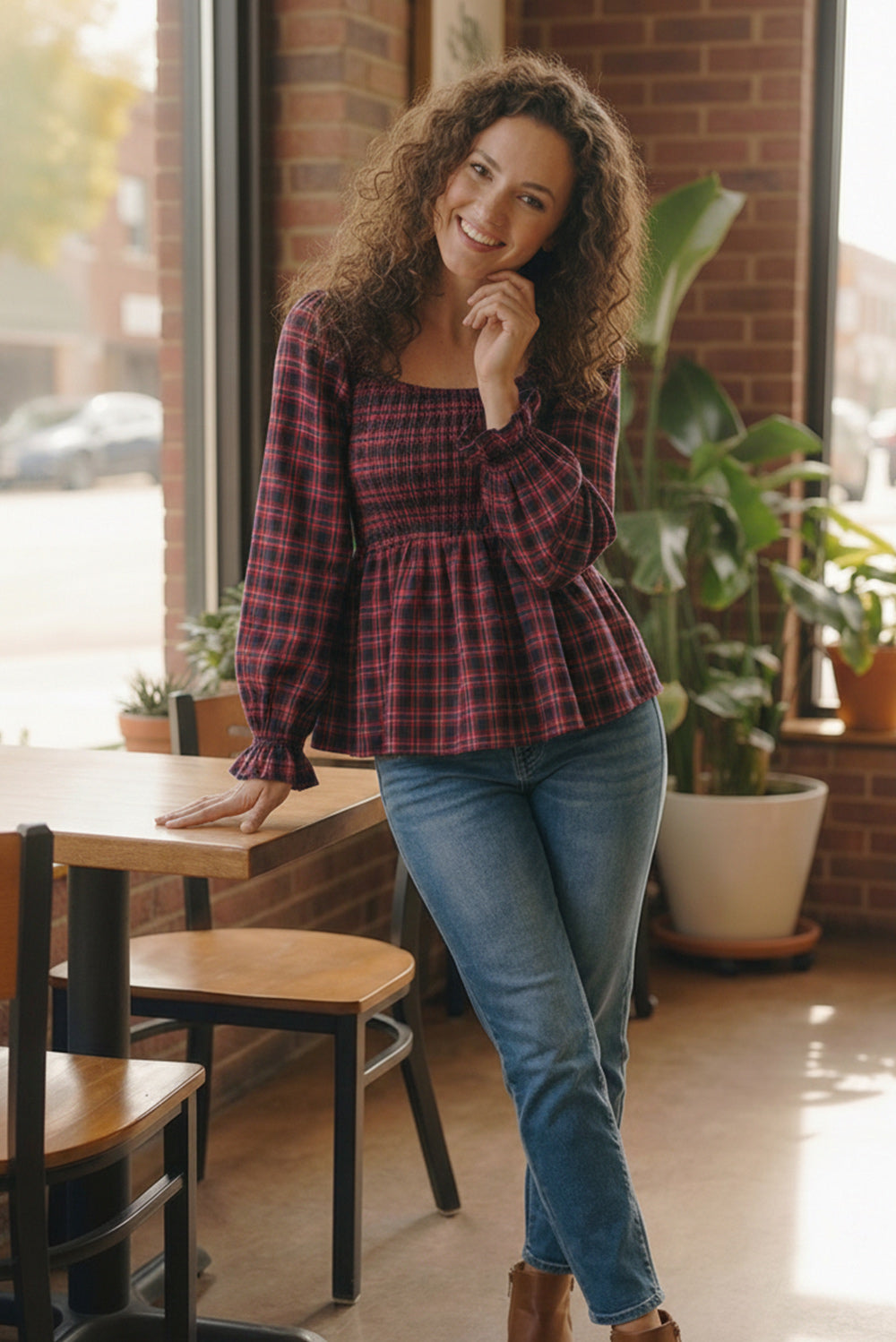 Sweetheart Smocked Cranberry Plaid Top    Joy & Country
