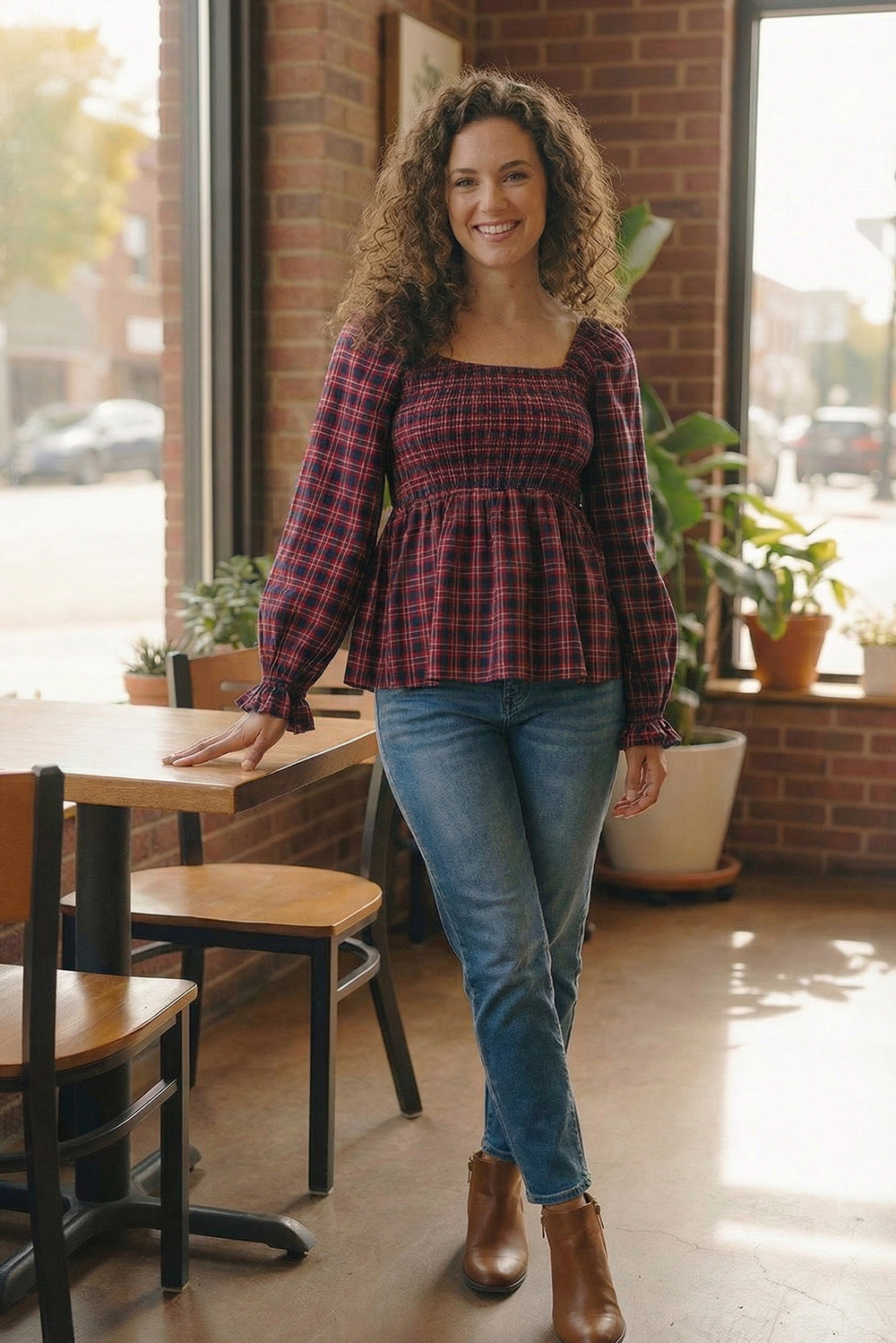 Sweetheart Smocked Cranberry Plaid Top    Joy & Country