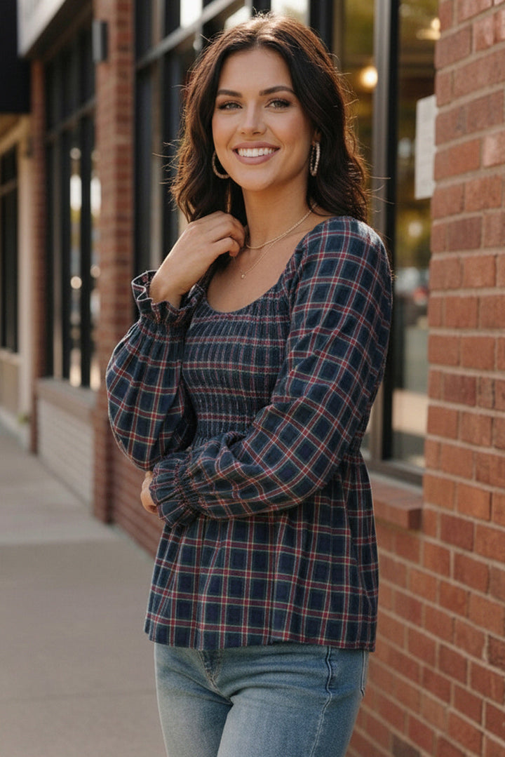 Sweetheart Smocked Navy Plaid Top    Joy & Country
