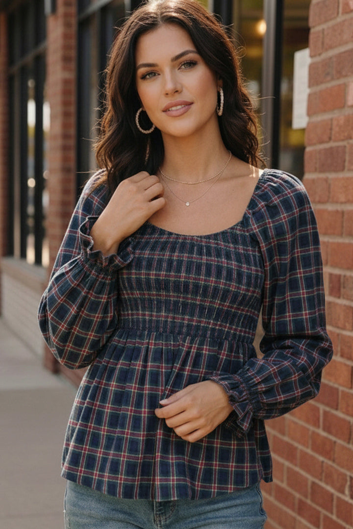 Sweetheart Smocked Navy Plaid Top    Joy & Country