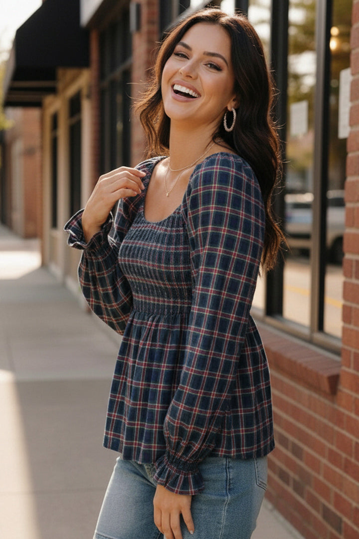 Sweetheart Smocked Navy Plaid Top    Joy & Country