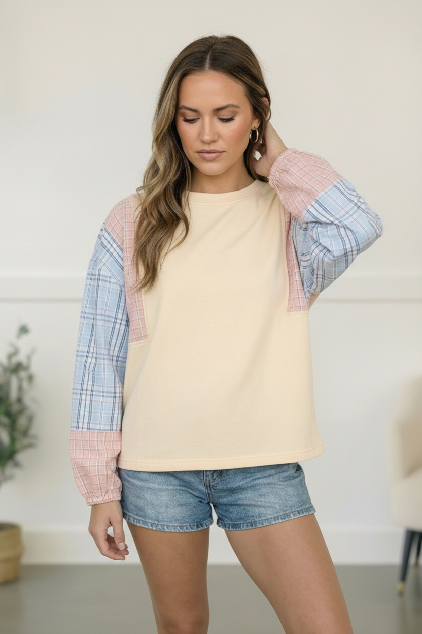 My Casual Cutie Oatmeal Patchwork Top    Joy & Country