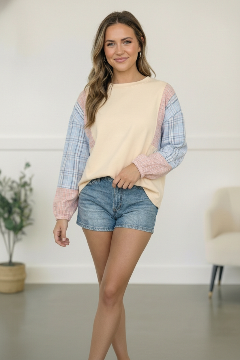 My Casual Cutie Oatmeal Patchwork Top    Joy & Country