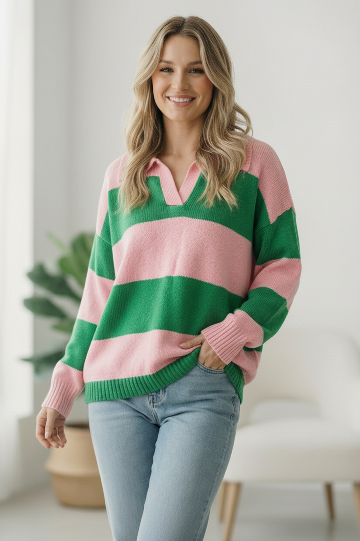 I'll Be On The Sidelines Green and Pink Sweater    Joy & Country