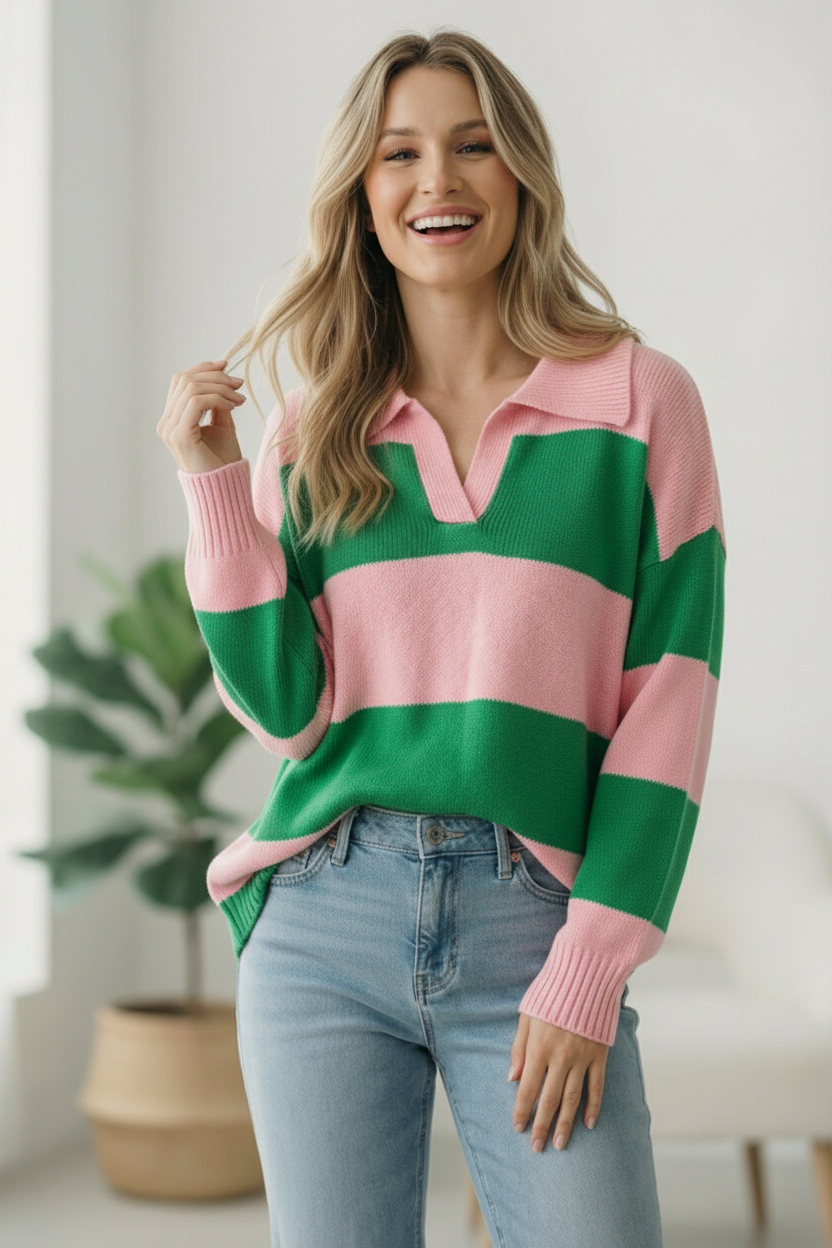 I'll Be On The Sidelines Green and Pink Sweater    Joy & Country