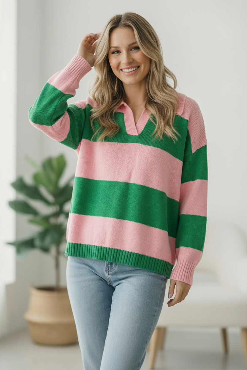 Green and Pink Cozy Knit Sweater