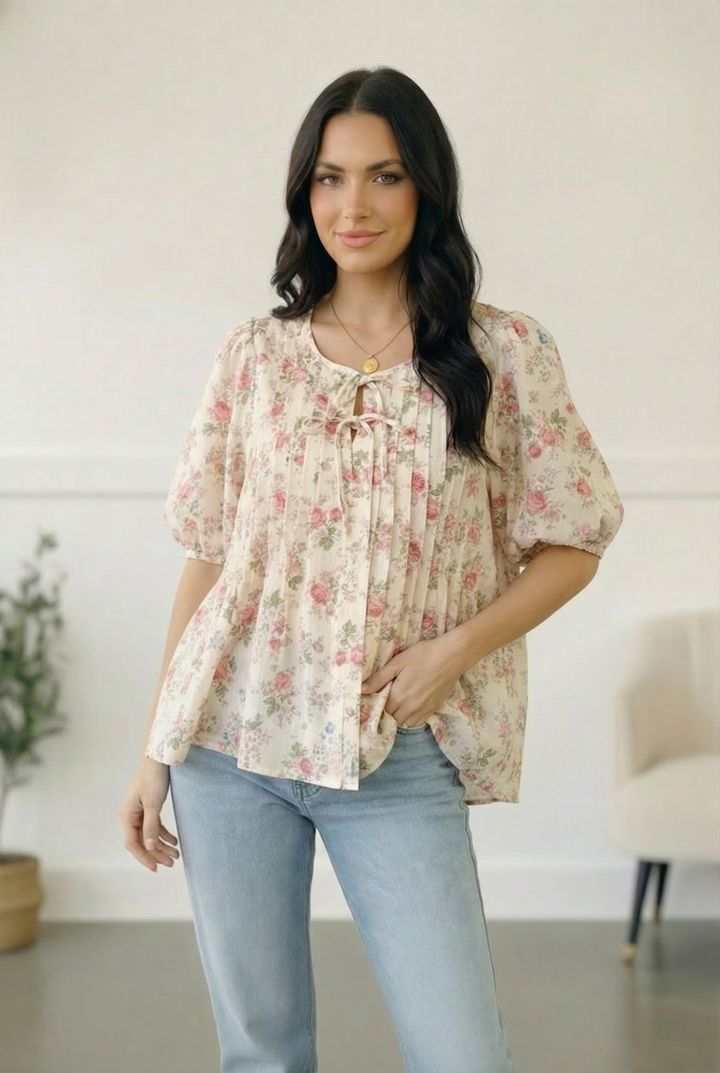 Rosé Haze Cream Pleated Top