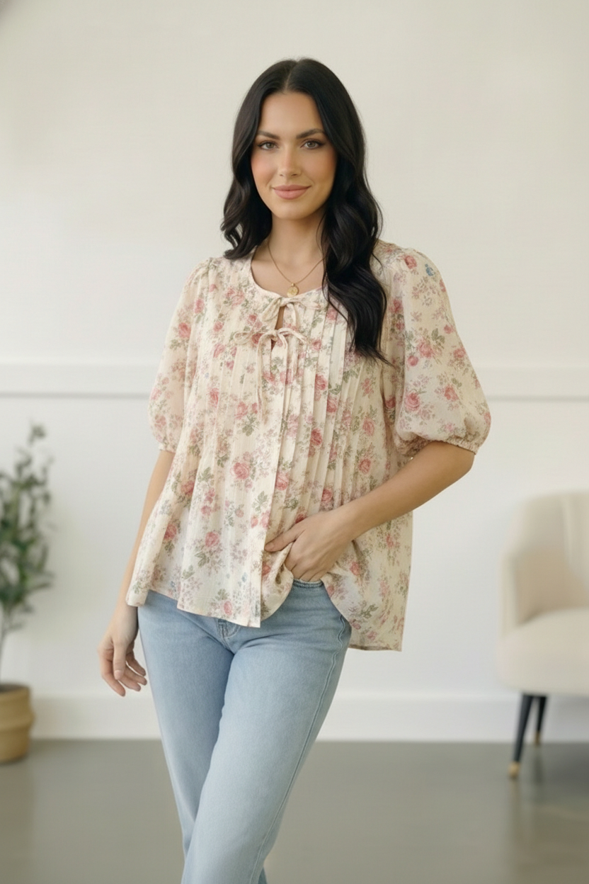 With a Rosy Glow Cream Pleated Top    Joy & Country