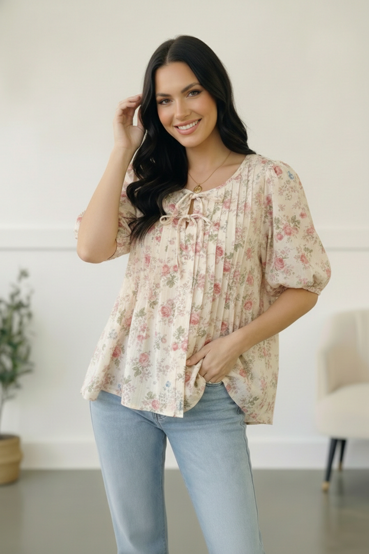 With a Rosy Glow Cream Pleated Top    Joy & Country