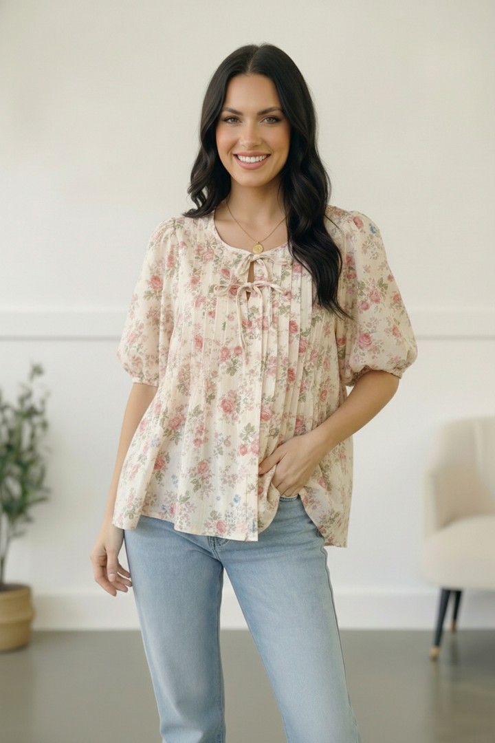 With a Rosy Glow Cream Pleated Top    Joy & Country
