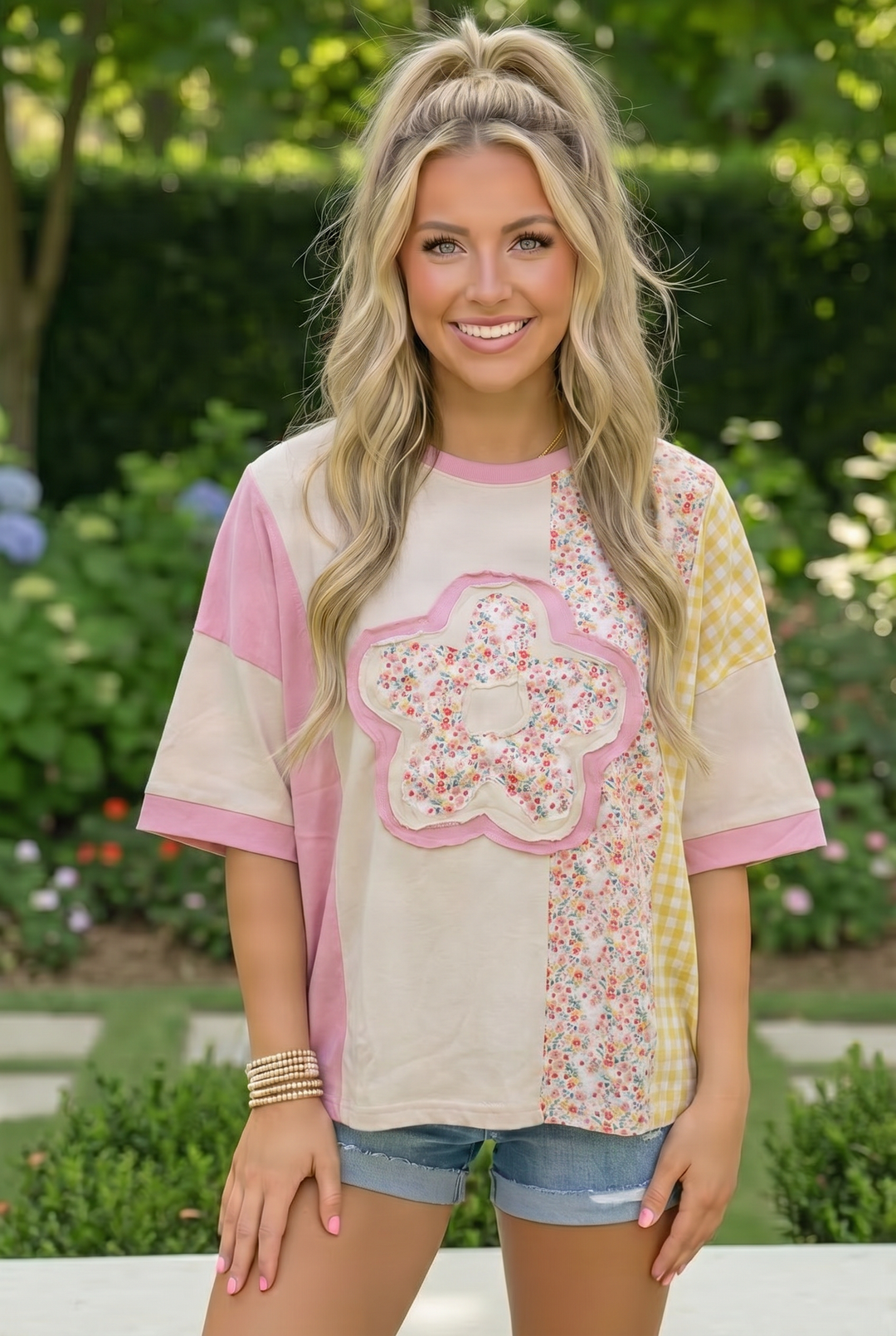 Patchwork Flower Oversized Tee in Pink and Yellow    Joy & Country