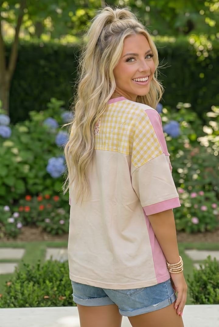 Patchwork Flower Oversized Tee in Pink and Yellow    Joy & Country