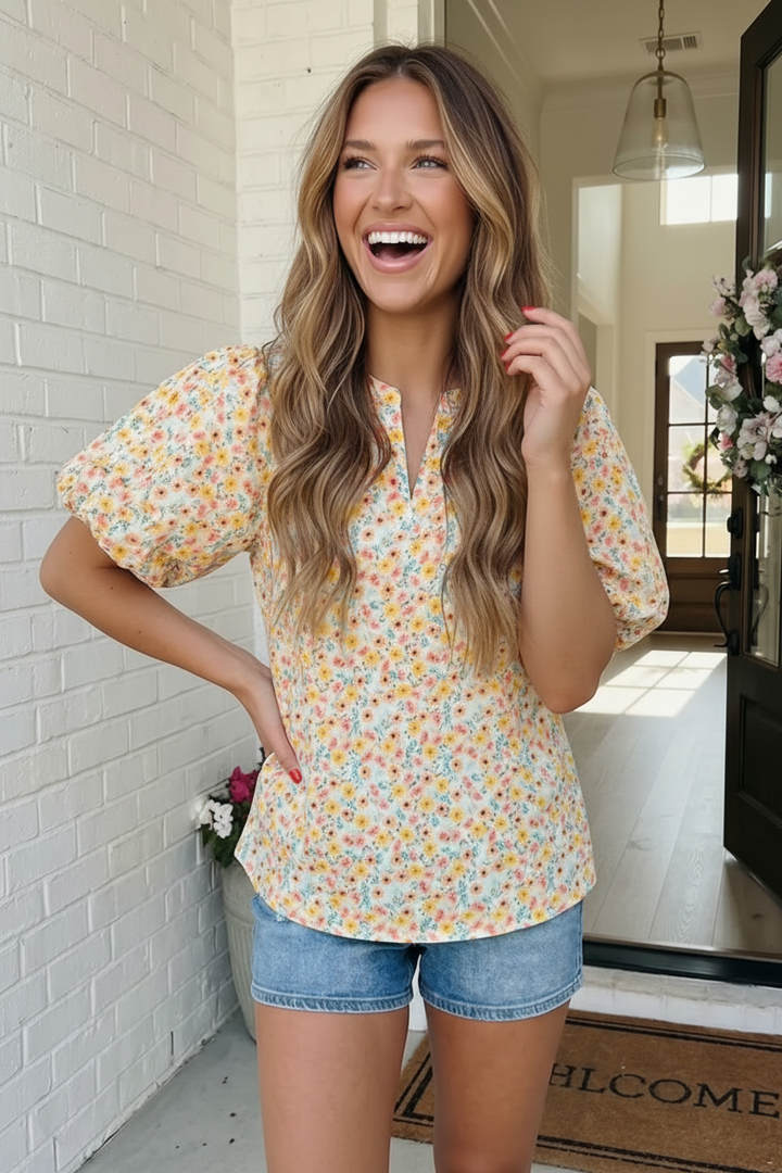 Sunny Garden Floral Puff Sleeve Top    Joy & Country
