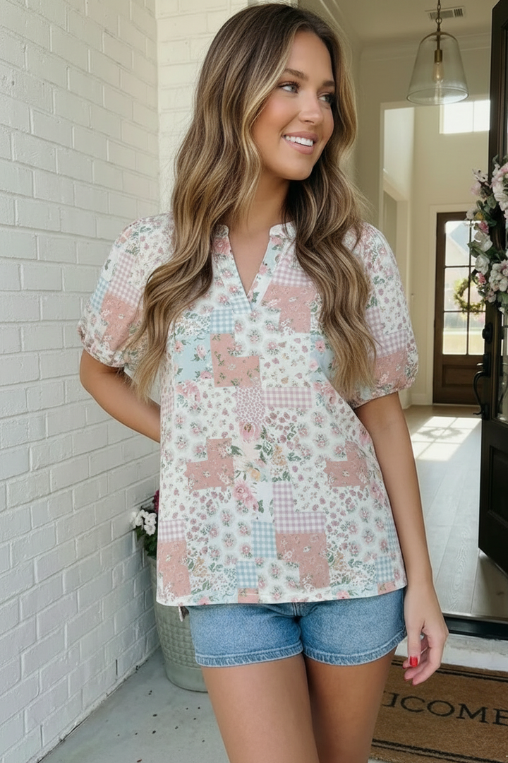 Patchwork Floral Puff Sleeve Top    Joy & Country
