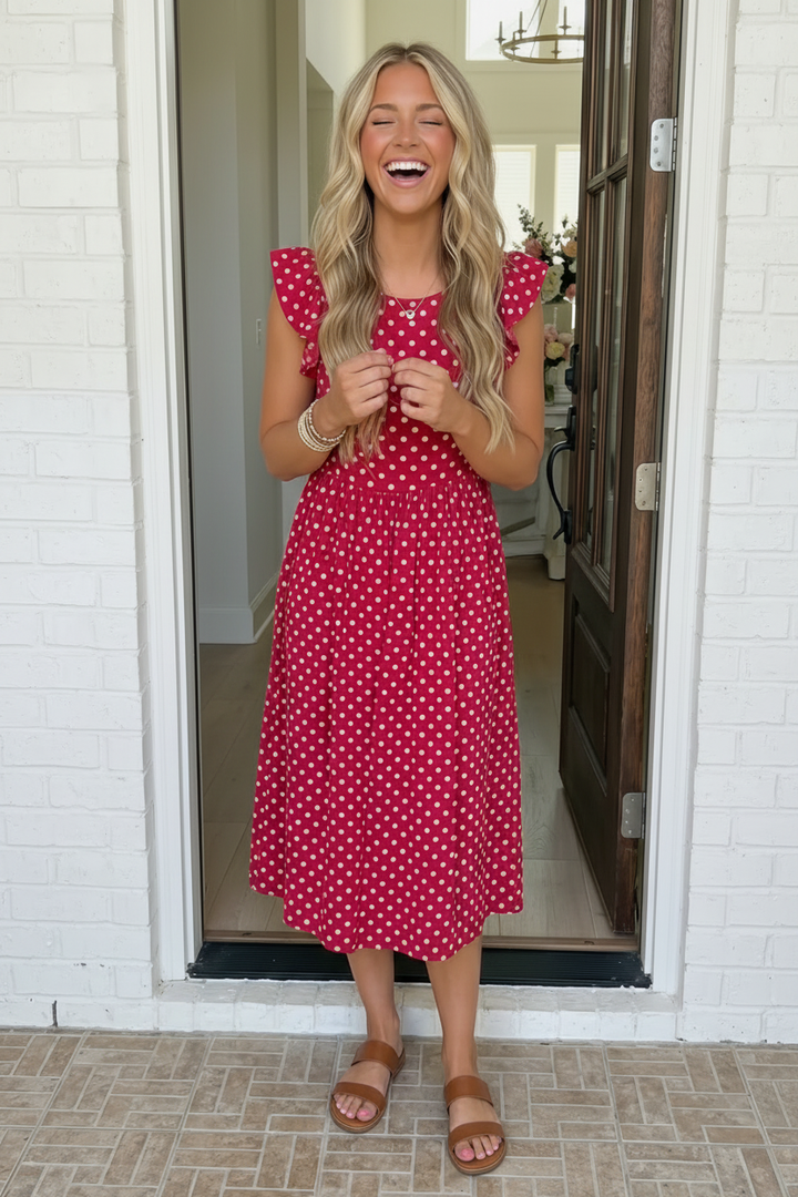 Sweet Days Red Polka Dot Midi Dress    Joy & Country